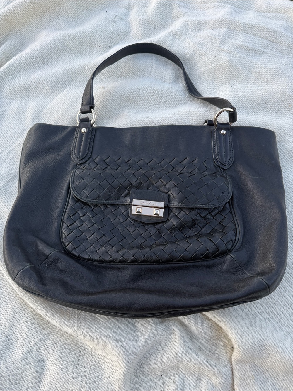 Cole Haan Black Woven / Smooth Soft Leather Hobo Bag VGUC